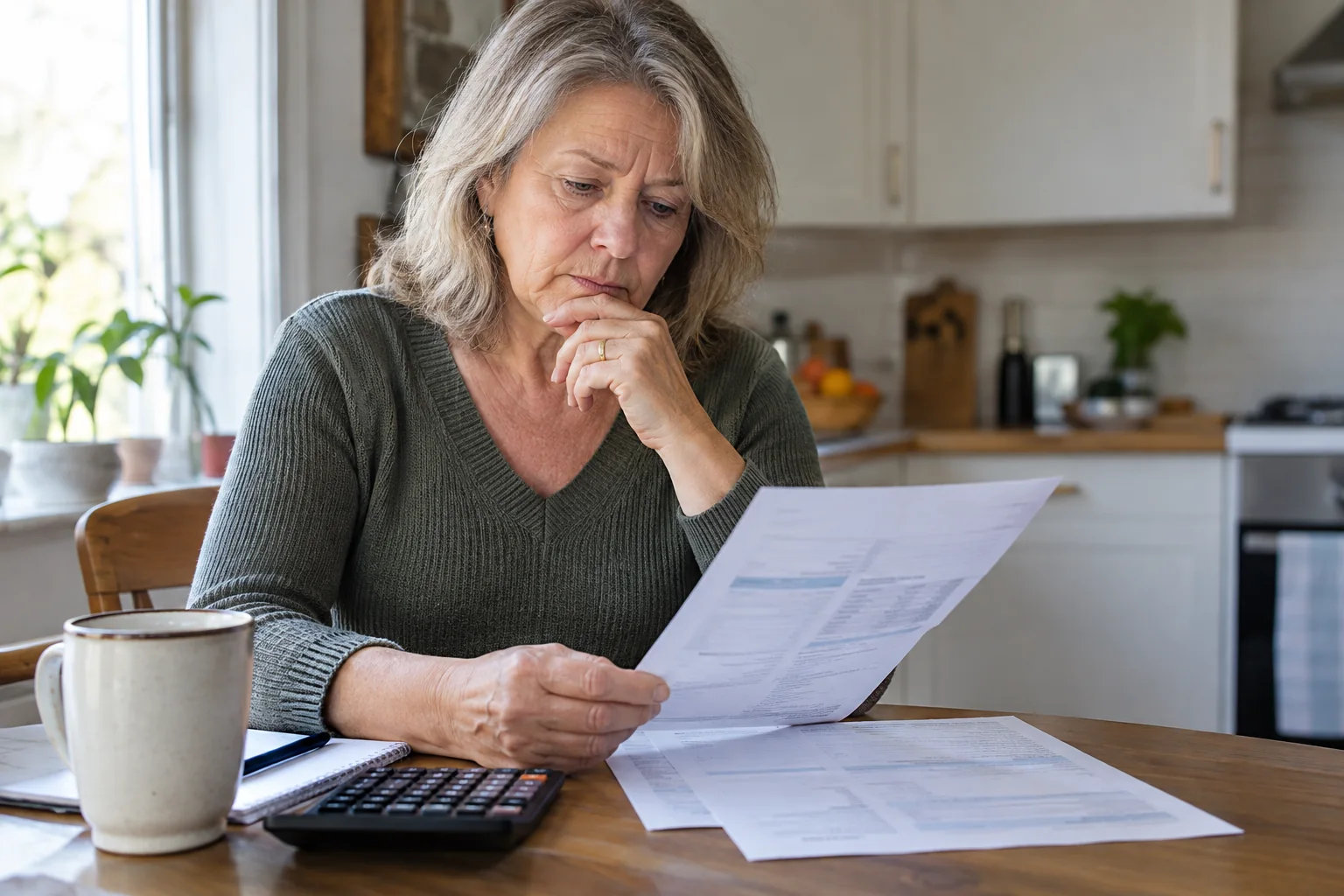 Homeowner reviewing bills at her kitchen table
