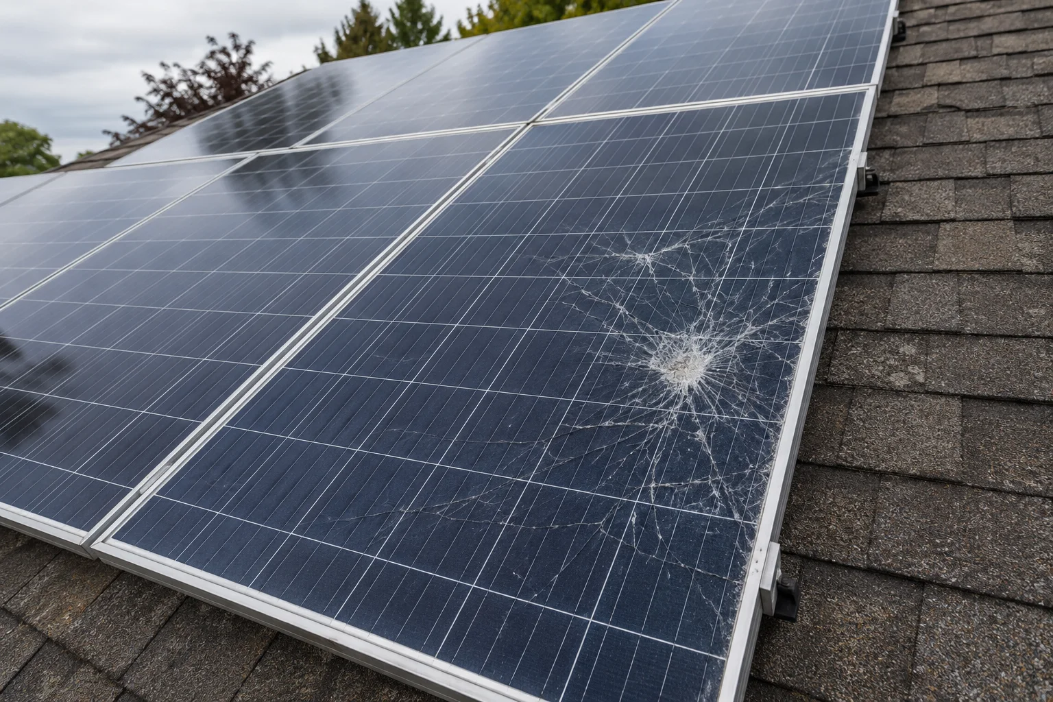 Solar panel with visible cracks in the glass