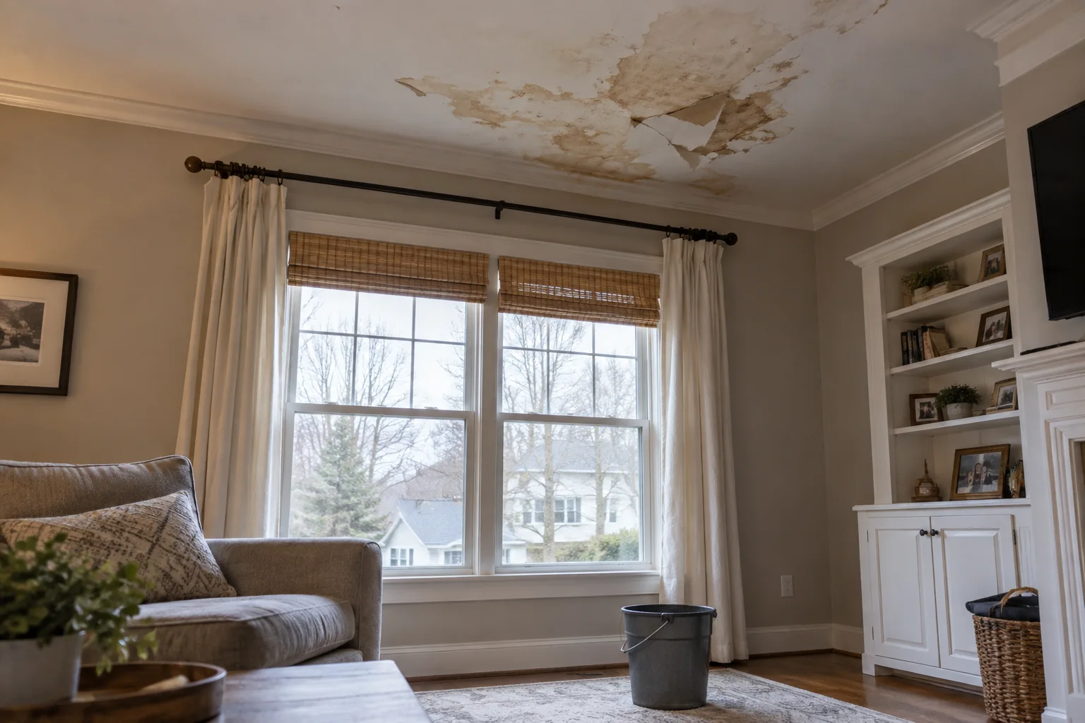 Living room ceiling with water stains and peeling paint