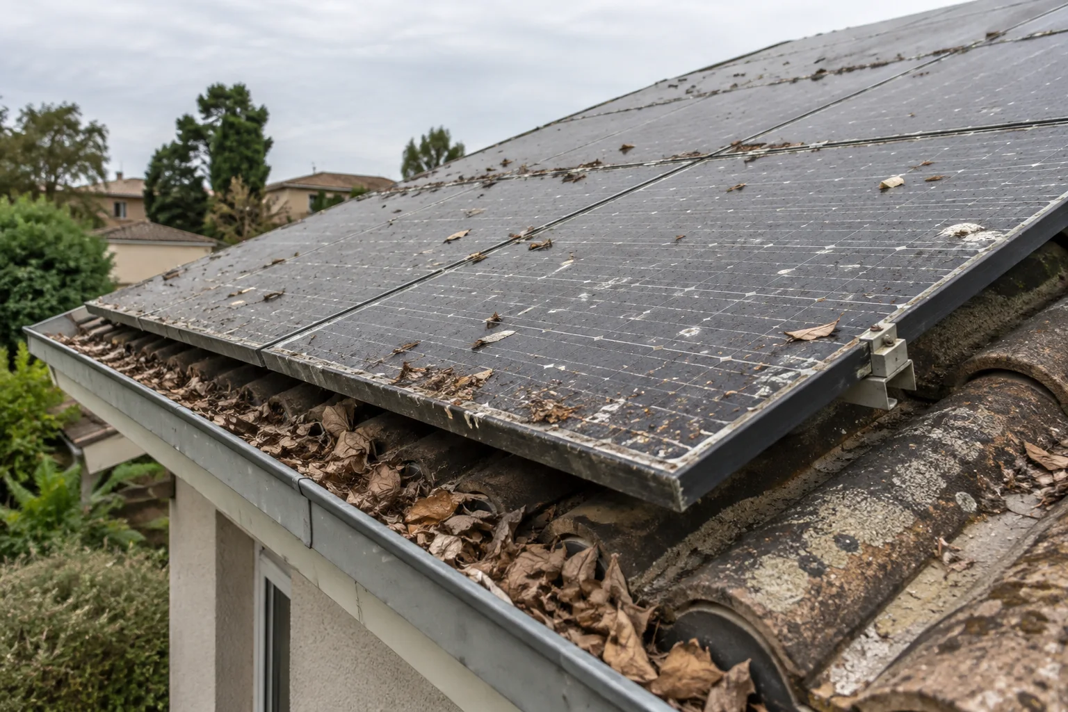 Solar panels with built-up dirt and leaves in the gutter