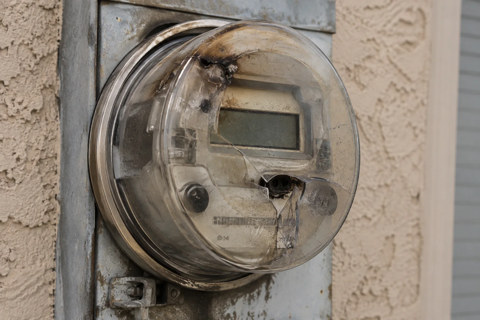 Electric meter with a broken cover and dark display