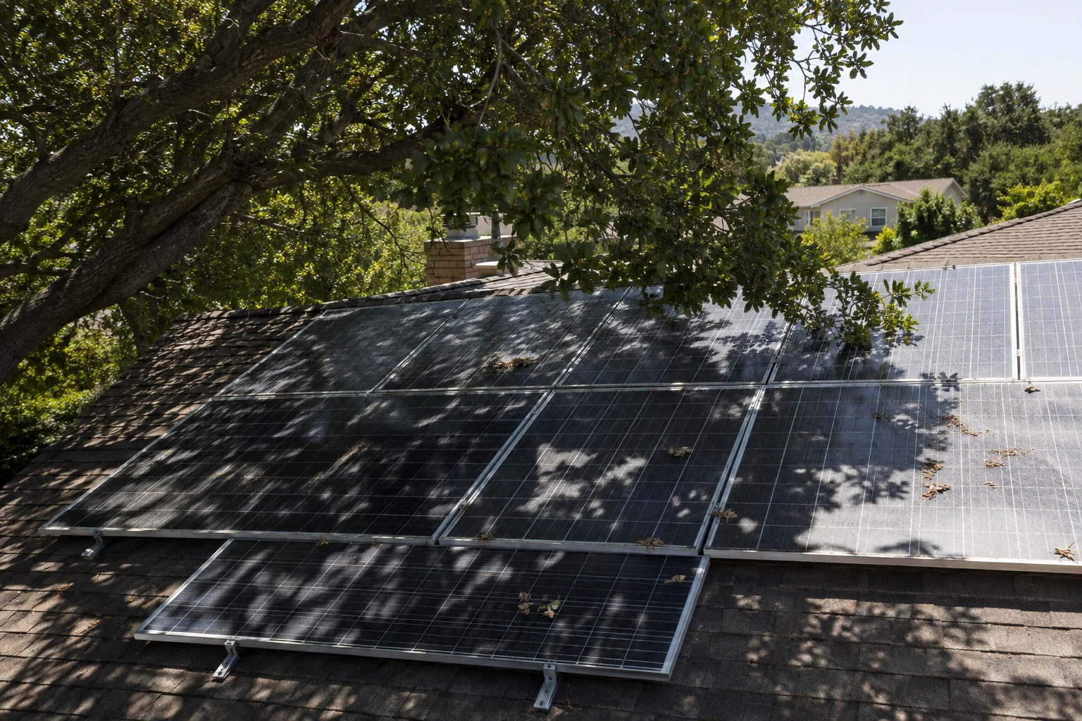 Solar panels partially shaded by a tree