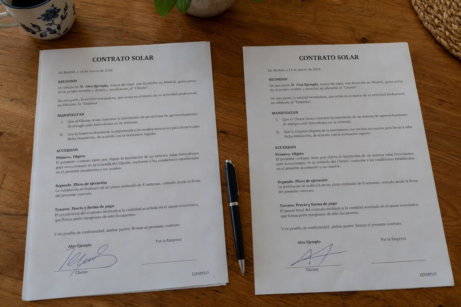 Dos contratos ficticios con firmas claramente diferentes