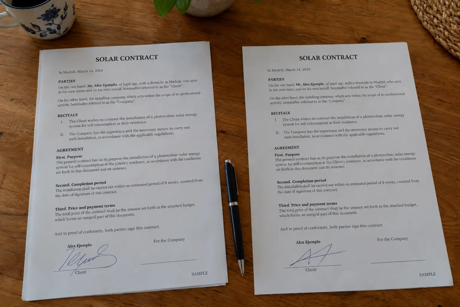 Two fictional contracts with visibly different signatures