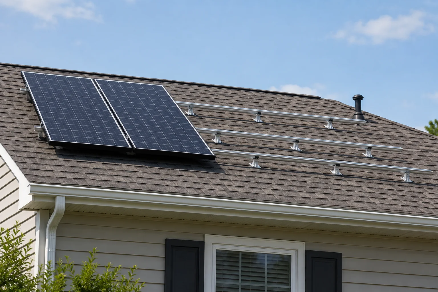Incomplete solar installation with empty rails beside two panels