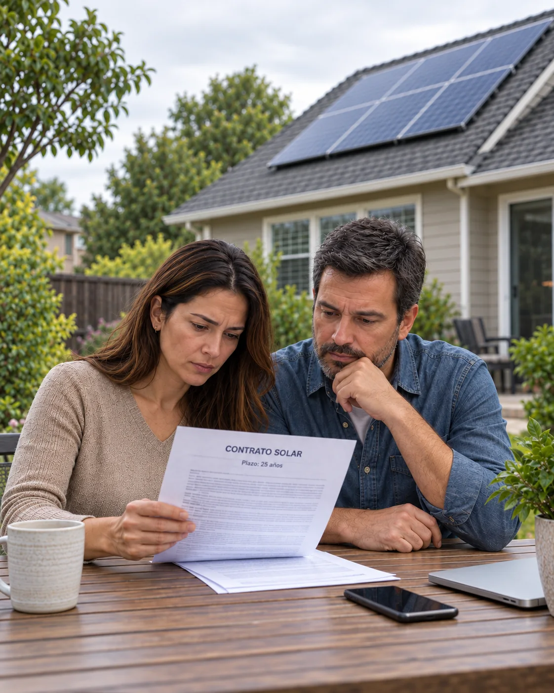 Homeowners reviewing documents beside a solar-powered home