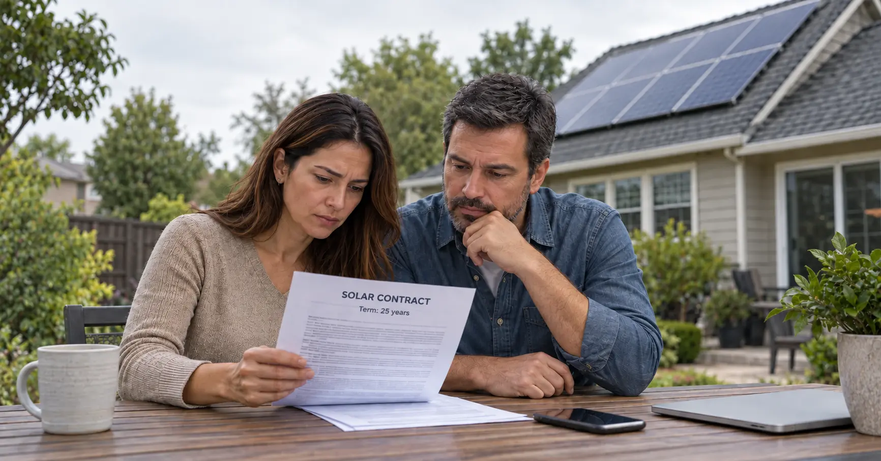 A couple reviews their solar contract outside their home
