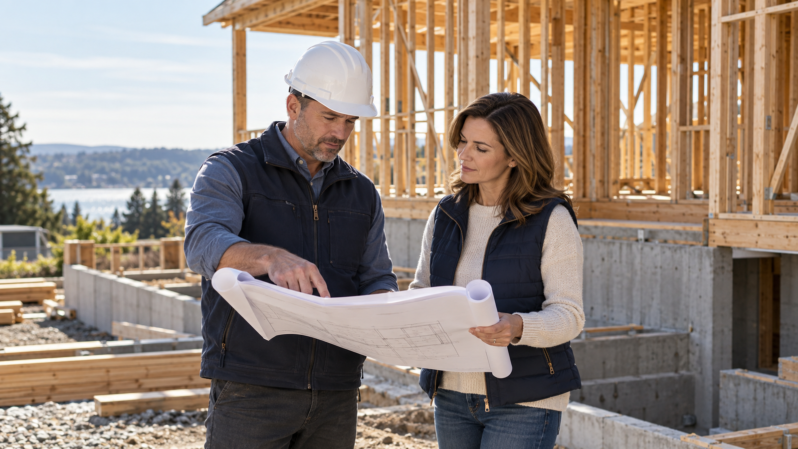 Property owner and building professional reviewing construction plans