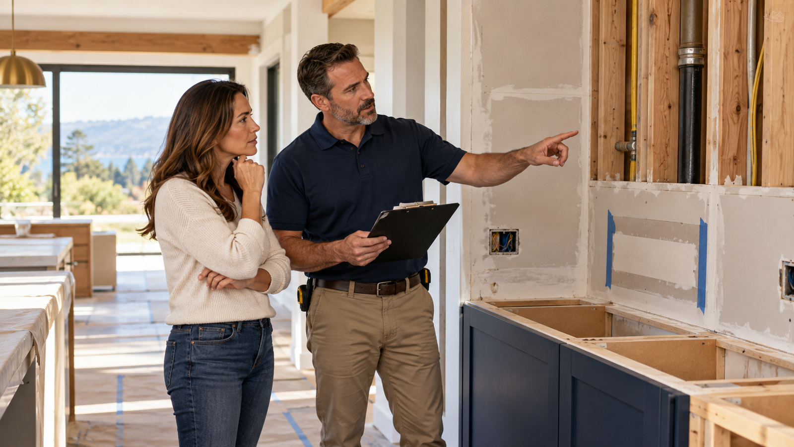 Homeowner and inspector reviewing an unfinished home renovation