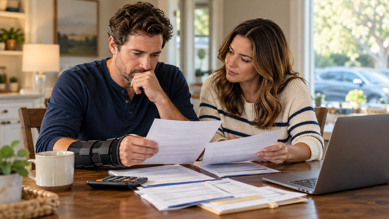 Person recovering from an injury reviews medical and insurance paperwork
